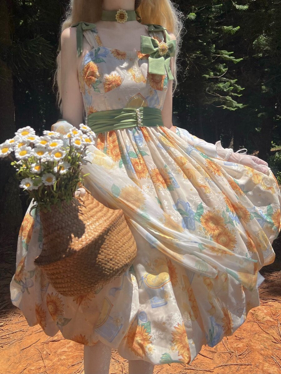 GZYRZ Quenched Sunflower Bud long JSK with sunflower print and sage green bows