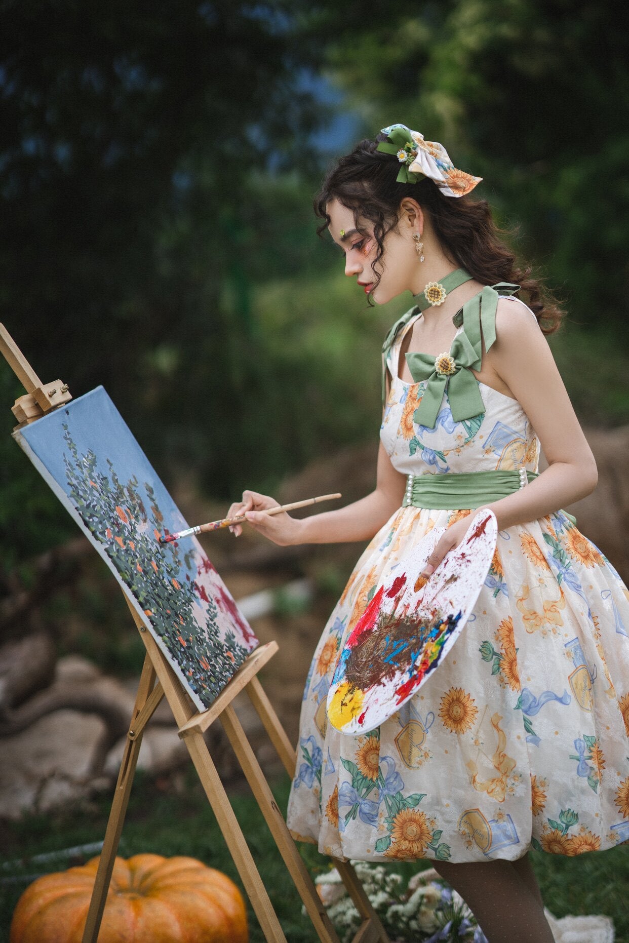 GZYRZ - Quenched Sunflower Bud - Floral print sweetheart neckline