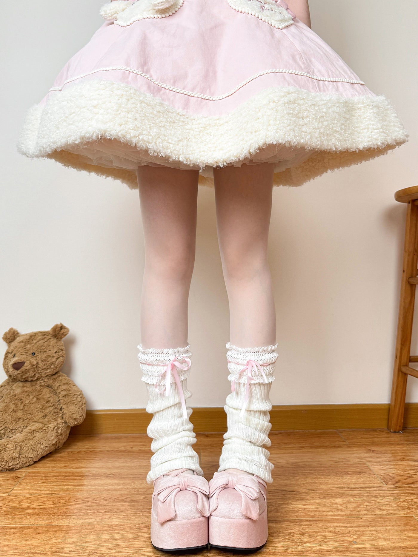 Pink ribbon Sweet Lolita leg warmers with satin bow tie