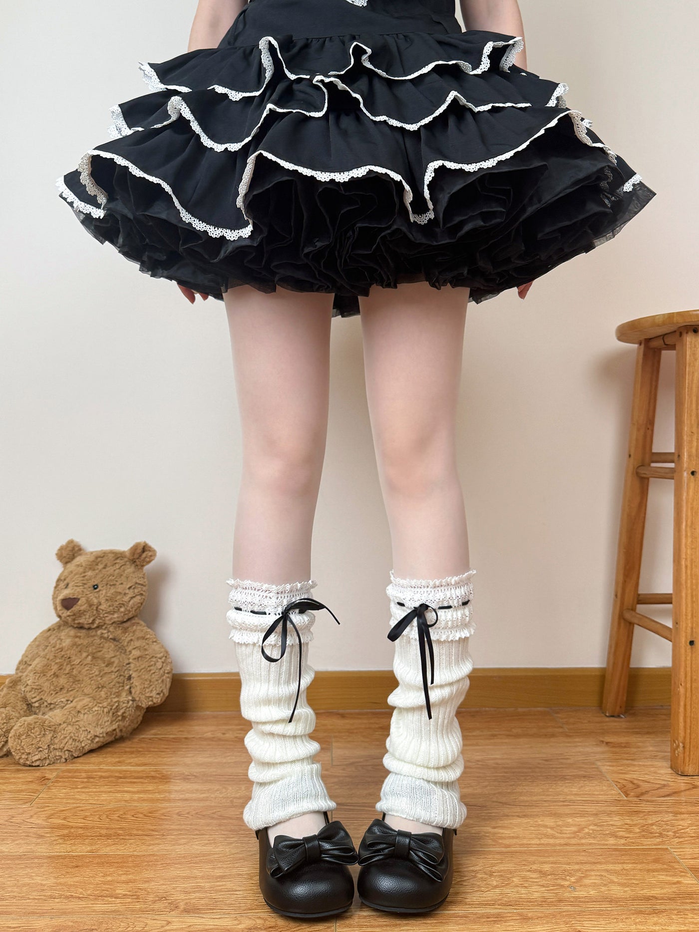 Black ribbon Sweet Lolita leg warmers with satin bow tie