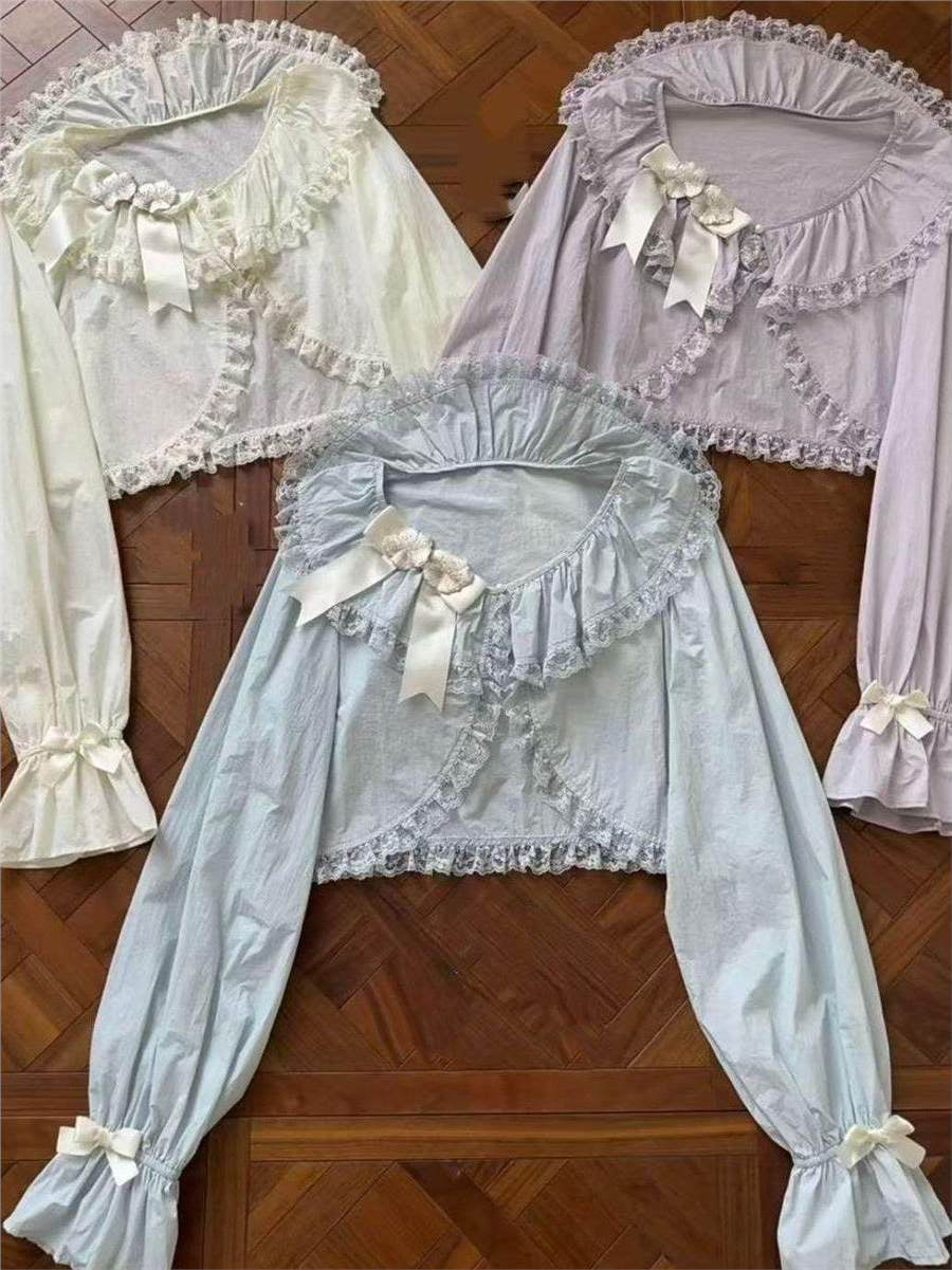 Purple Sweet Lolita cropped lace cardigan with bow accents, long sleeves, and ruffled collar