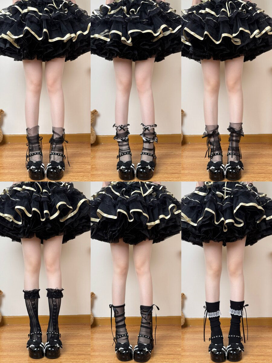 Black sheer large bow Lolita socks, one size