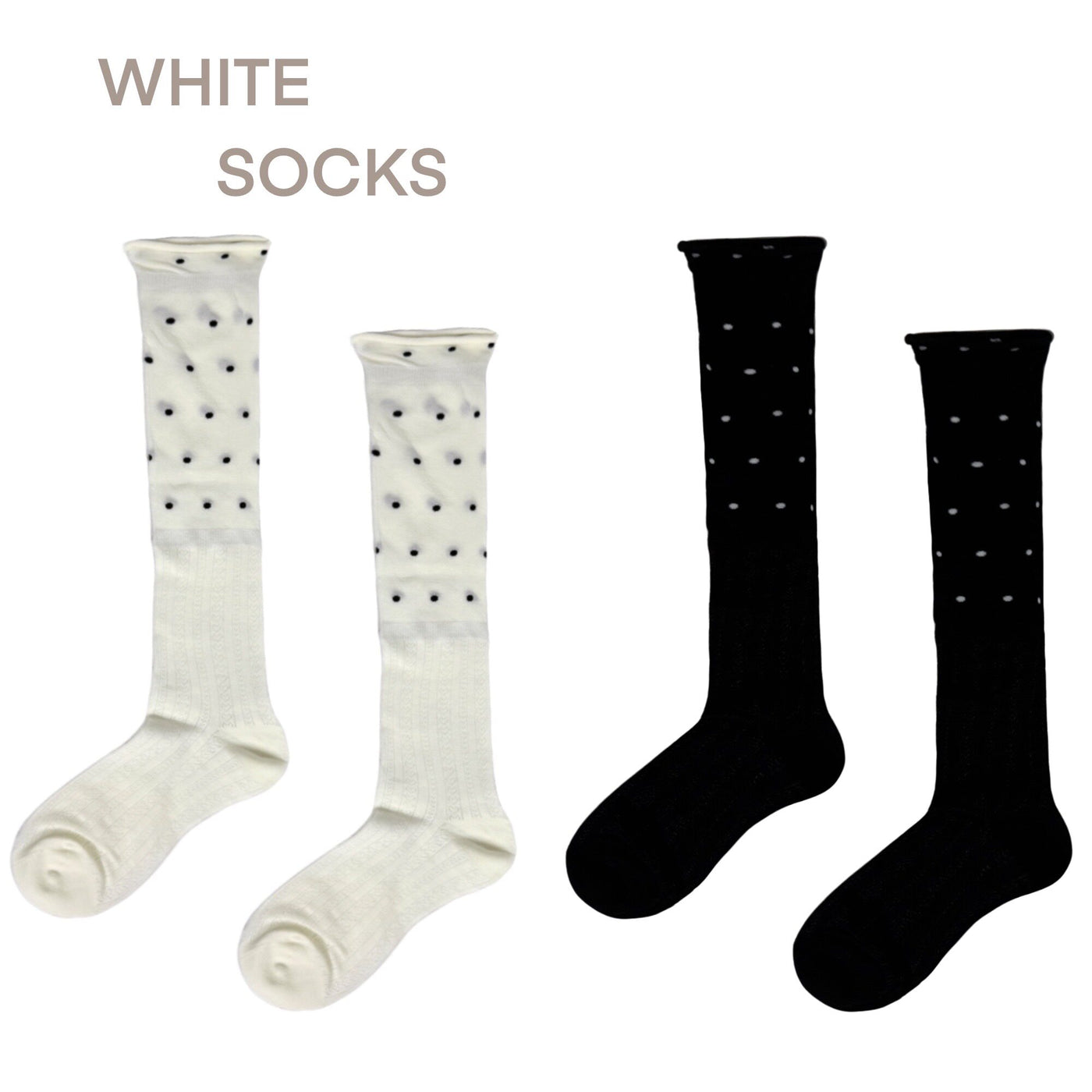 White Socks - Polka Dot Slouch Socks - Mid-Calf