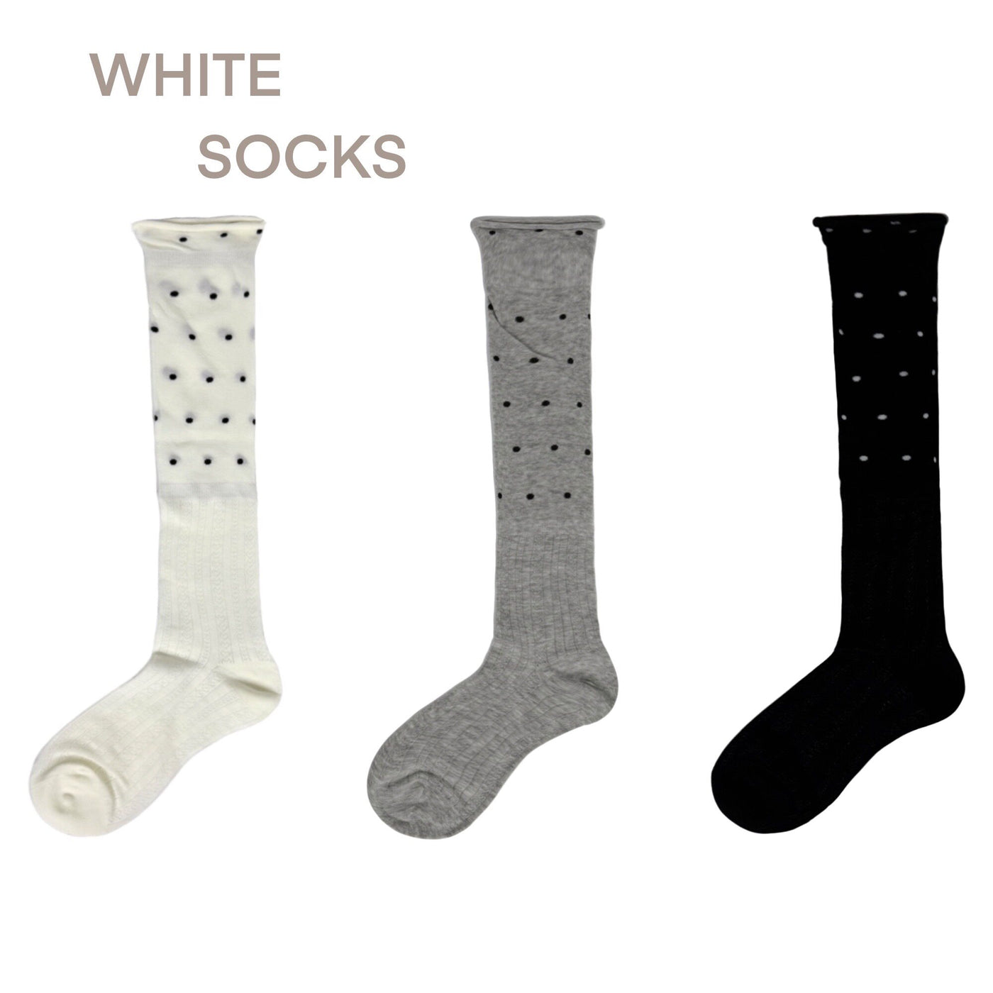 White Socks - Polka Dot Slouch Socks - Mid-Calf