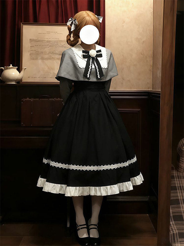 Back view of the Gothic Lolita OP and cloak set, showing the voluminous skirt and puffed long sleeves.