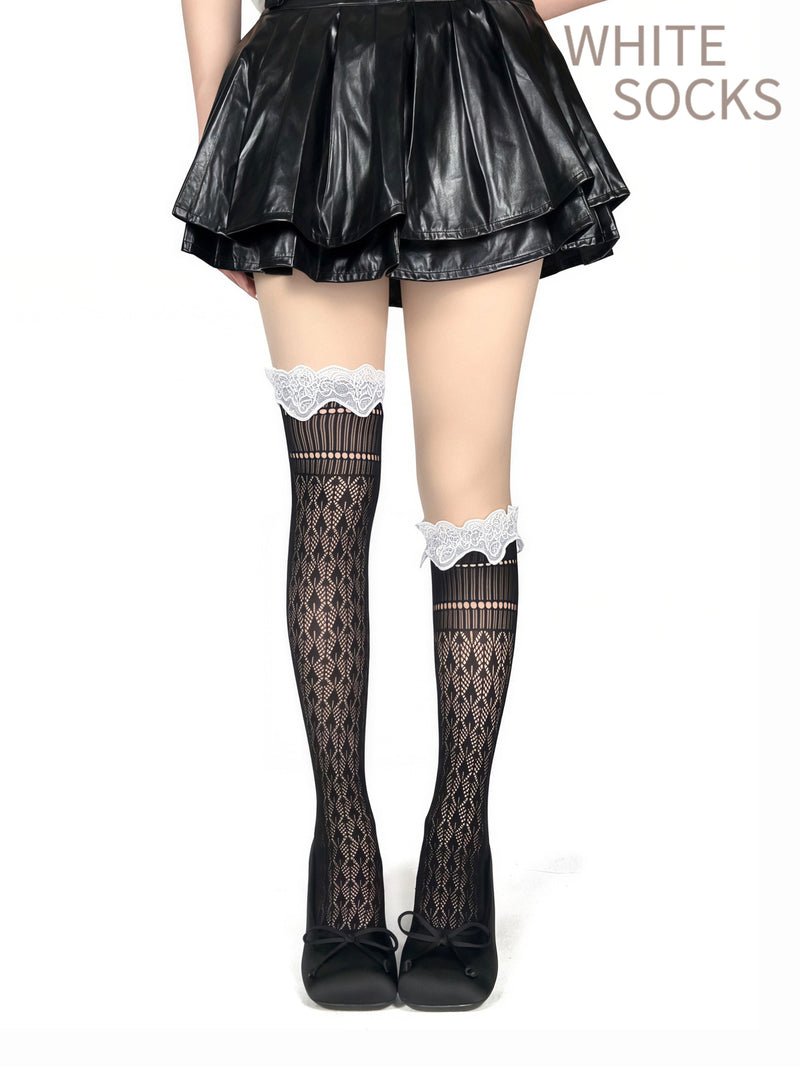 White Socks - Balletcore - Lace trim over-the-knee thigh-high socks