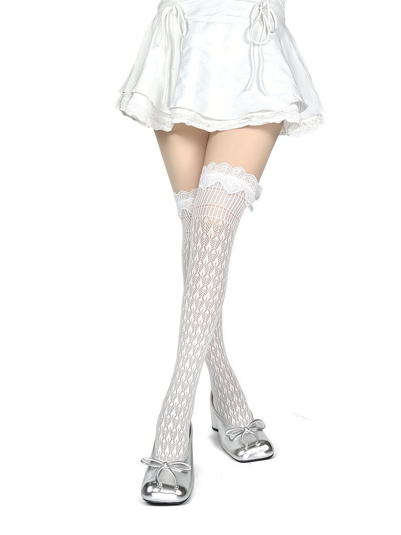 White Socks - Balletcore - Lace trim over-the-knee thigh-high socks