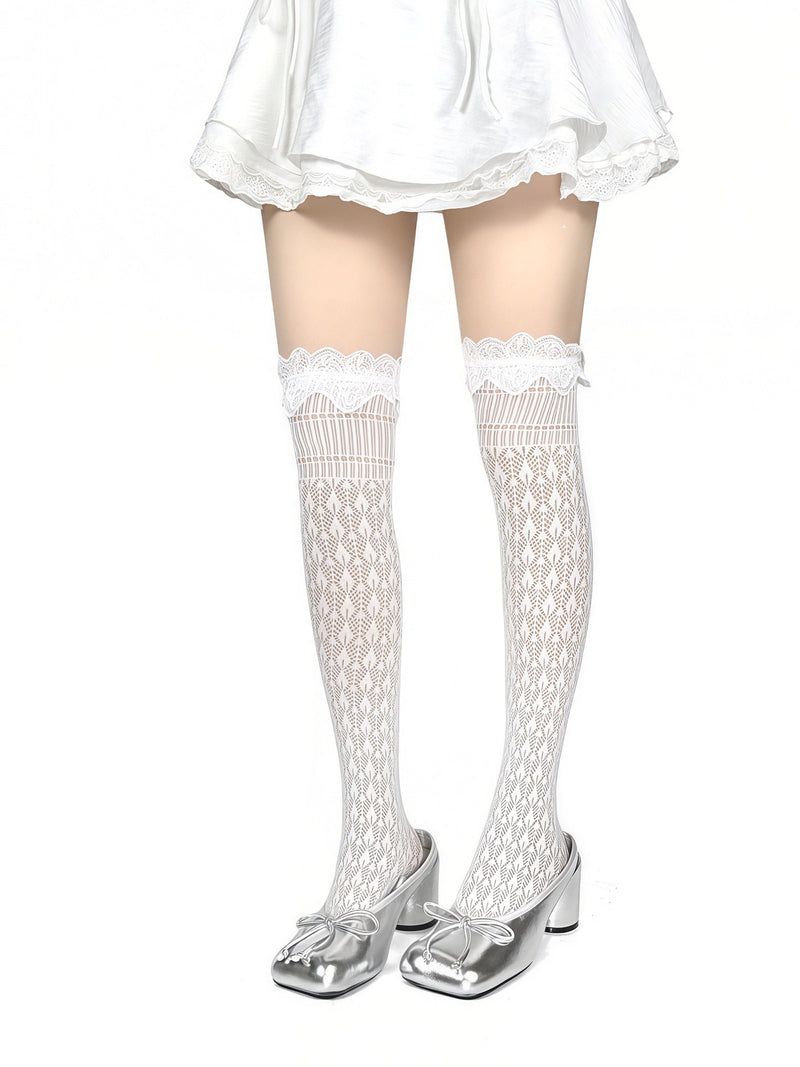 White Socks - Balletcore - Lace trim over-the-knee thigh-high socks