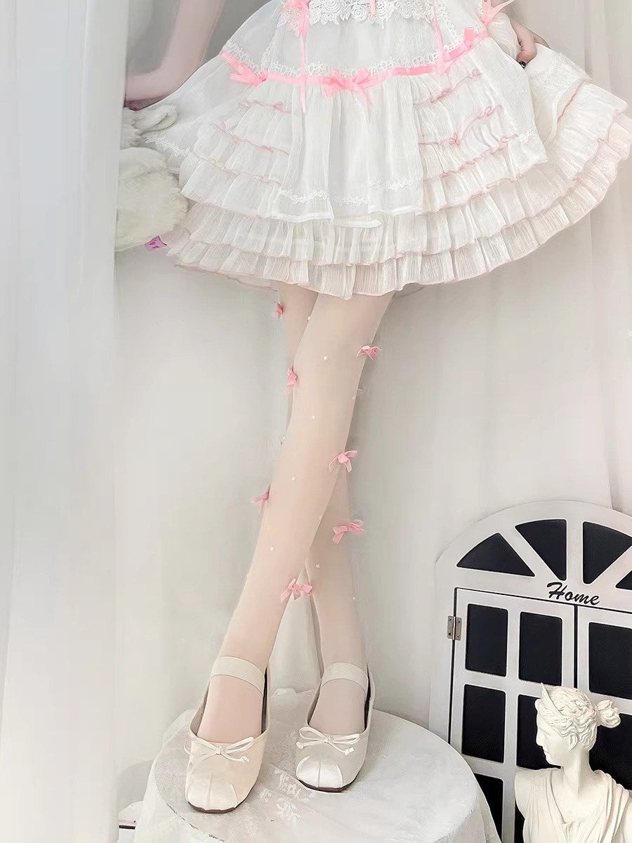 Floral Milk Cat - Sheer leg-length tights - With pearl