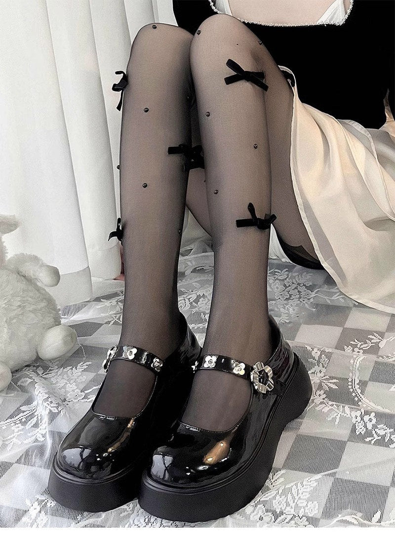 Floral Milk Cat - Sheer leg-length tights - With pearl