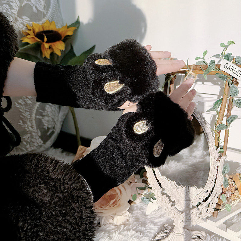 Milky white fingerless plush glove with ribbed cuff and animal-ear details