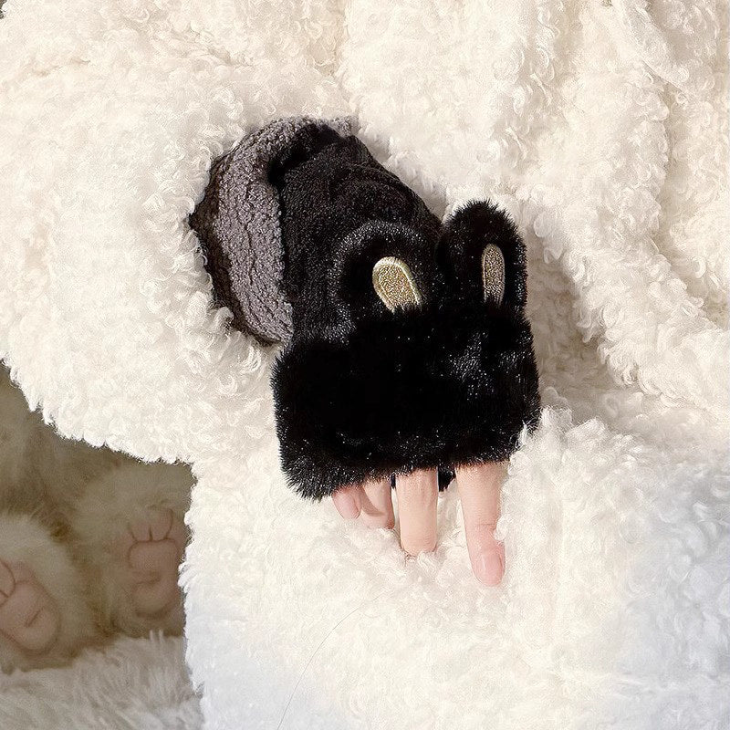 Floral Milk Cat - Rabbit Ear Plush Gloves - Fingerless plush gloves
