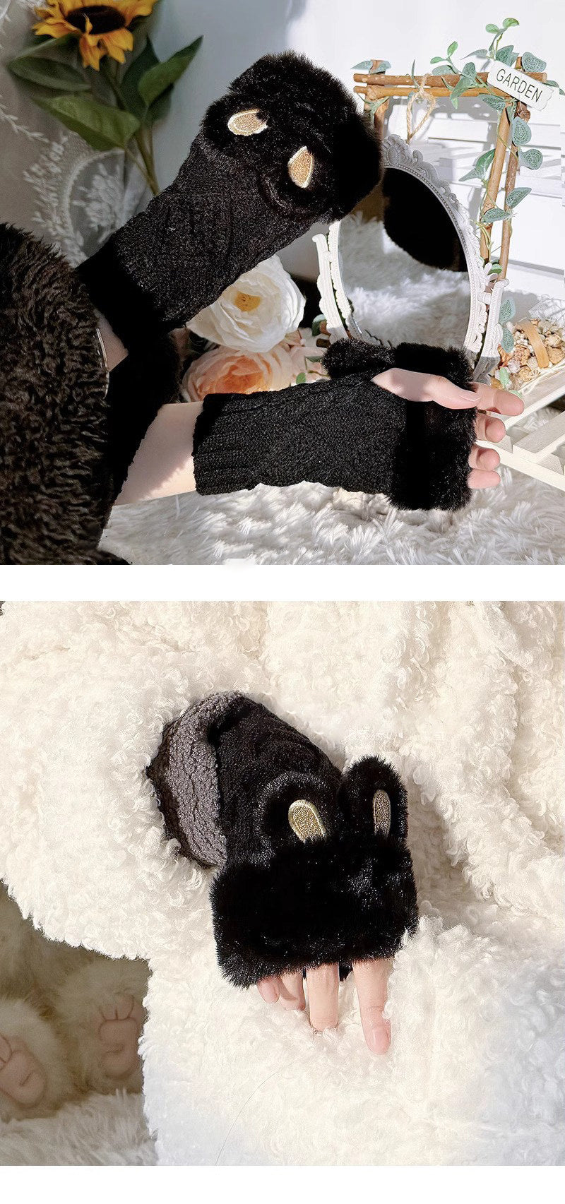 Floral Milk Cat - Rabbit Ear Plush Gloves - Fingerless plush gloves