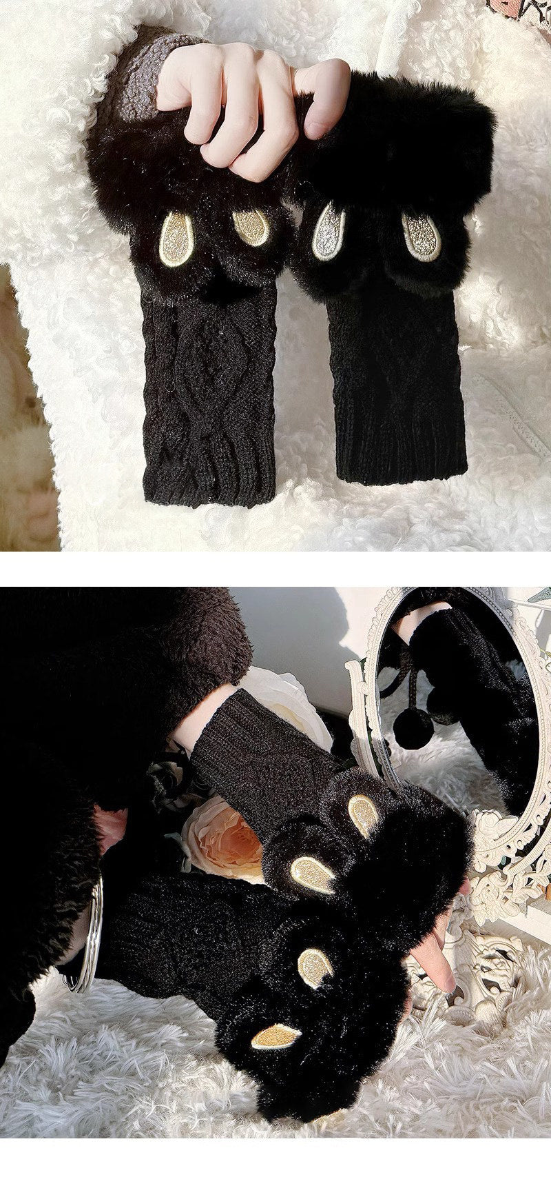 Floral Milk Cat - Rabbit Ear Plush Gloves - Fingerless plush gloves