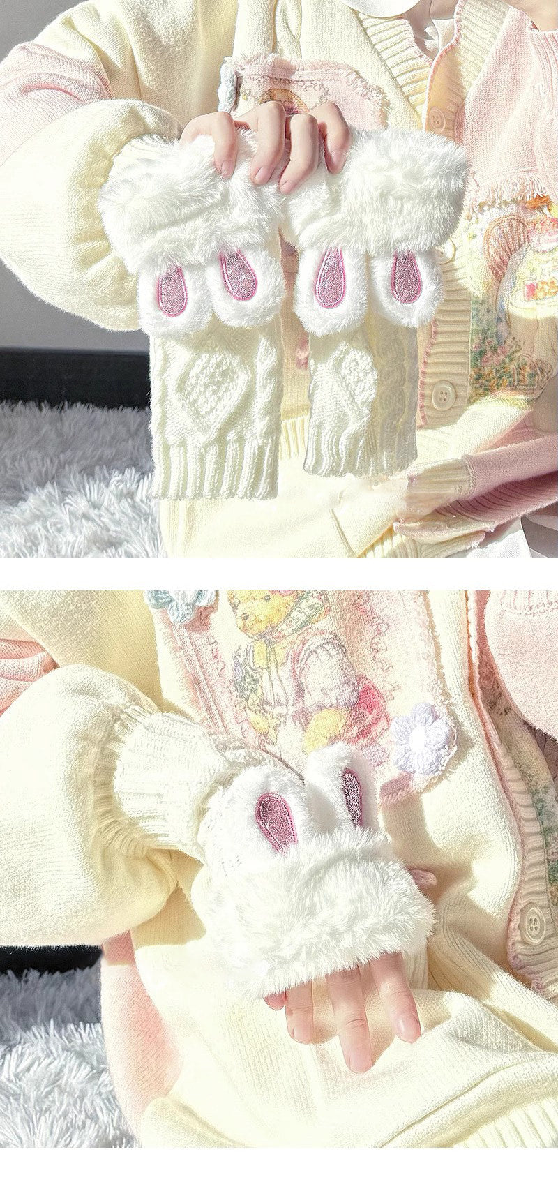 Floral Milk Cat - Rabbit Ear Plush Gloves - Fingerless plush gloves