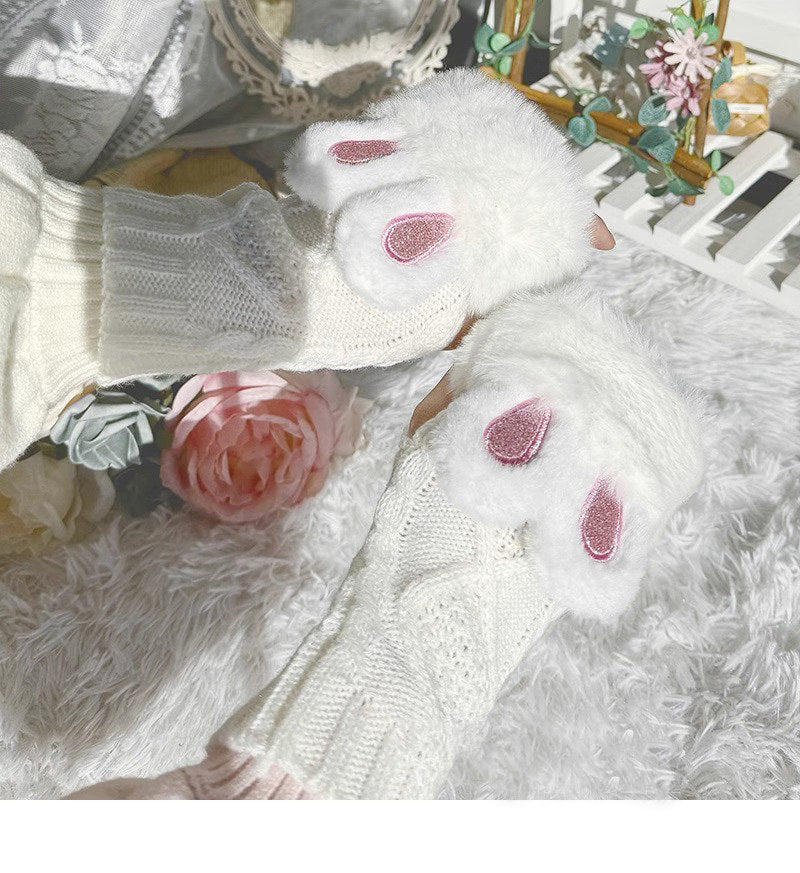 Floral Milk Cat - Rabbit Ear Plush Gloves - Fingerless plush gloves