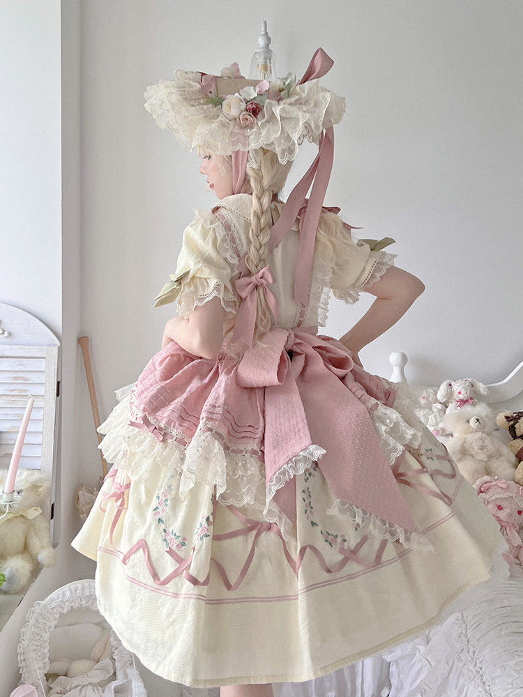 Optional one-size lace-trimmed apron for the Rose Afternoon Tea Lolita OP, with bow details