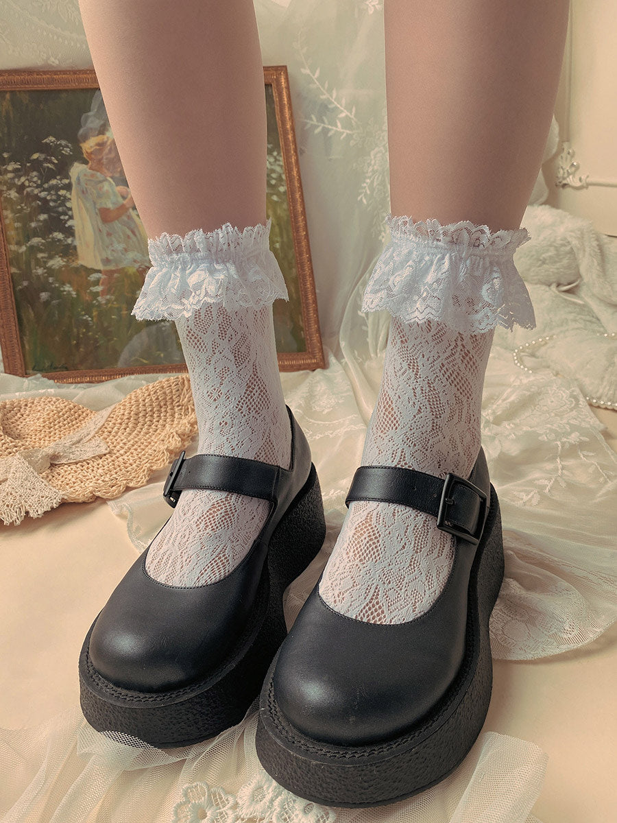 Beige Magnolia lace-trim Lolita stack socks