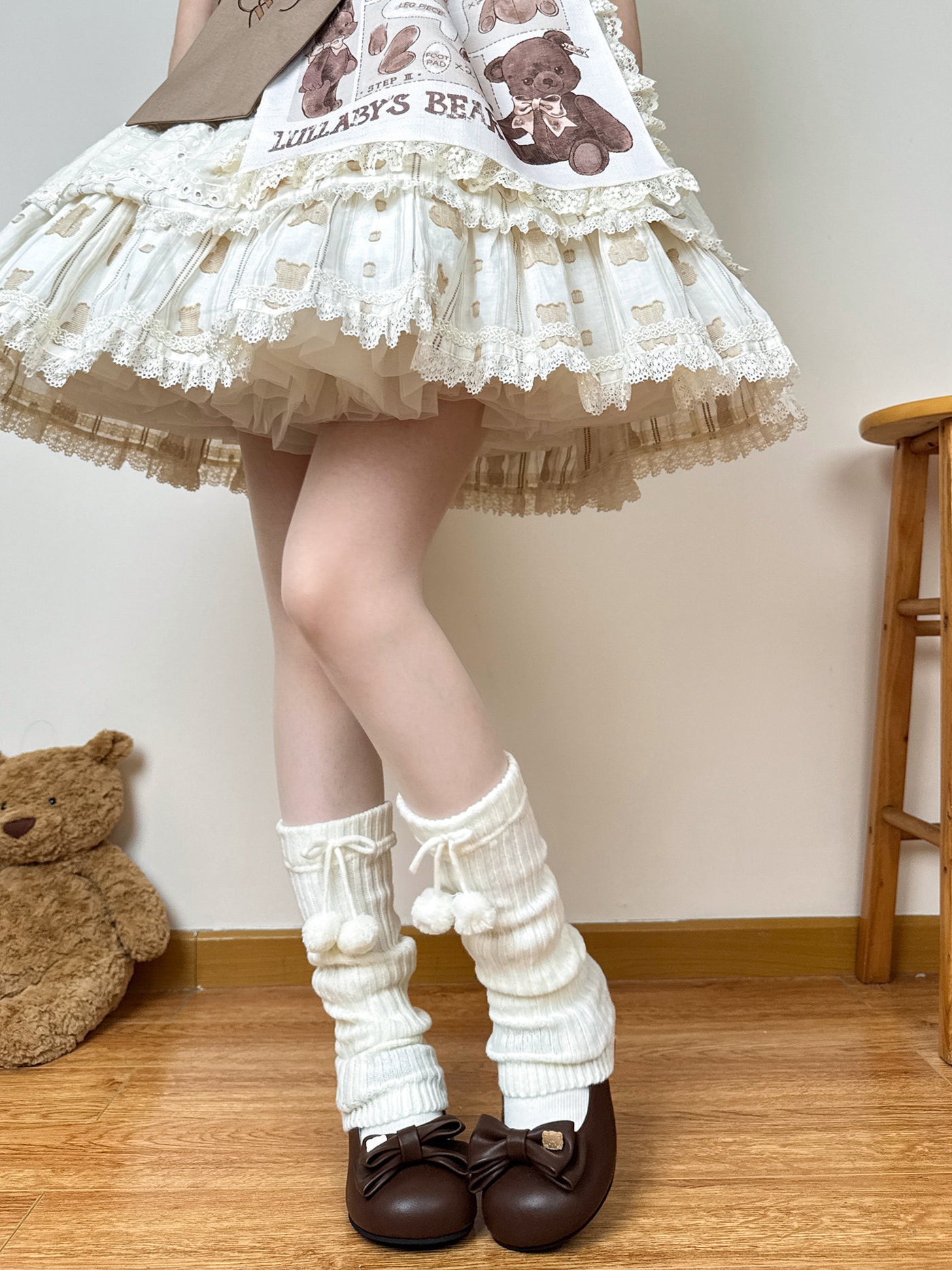 Khaki slouchy ribbed Lolita leg warmer with pom-pom detail