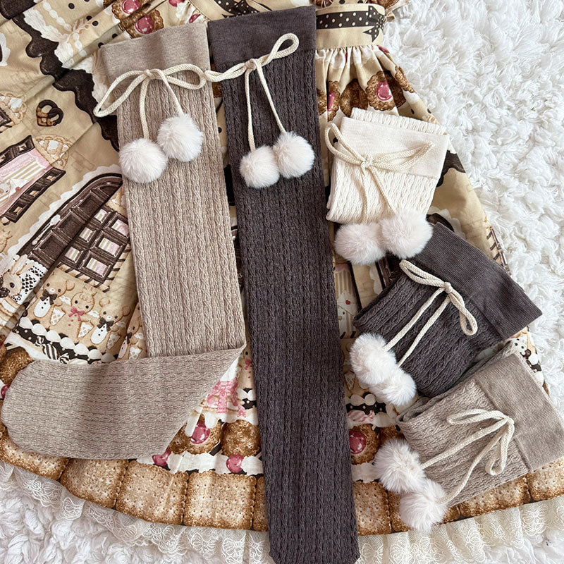 Milky white over-the-knee Sweet Lolita socks with pom-pom bow cuff