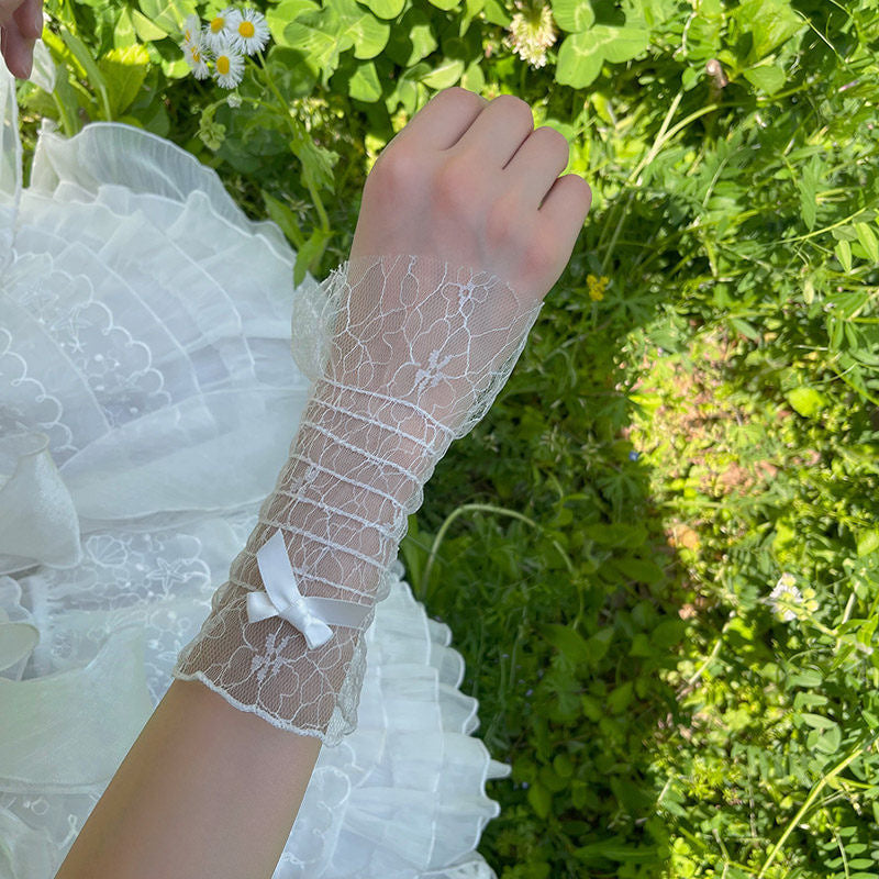 White sheer lace Sweet Lolita fingerless arm sleeve with small wrist bow