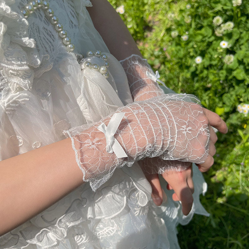 Black sheer lace Sweet Lolita fingerless arm sleeve with small wrist bow