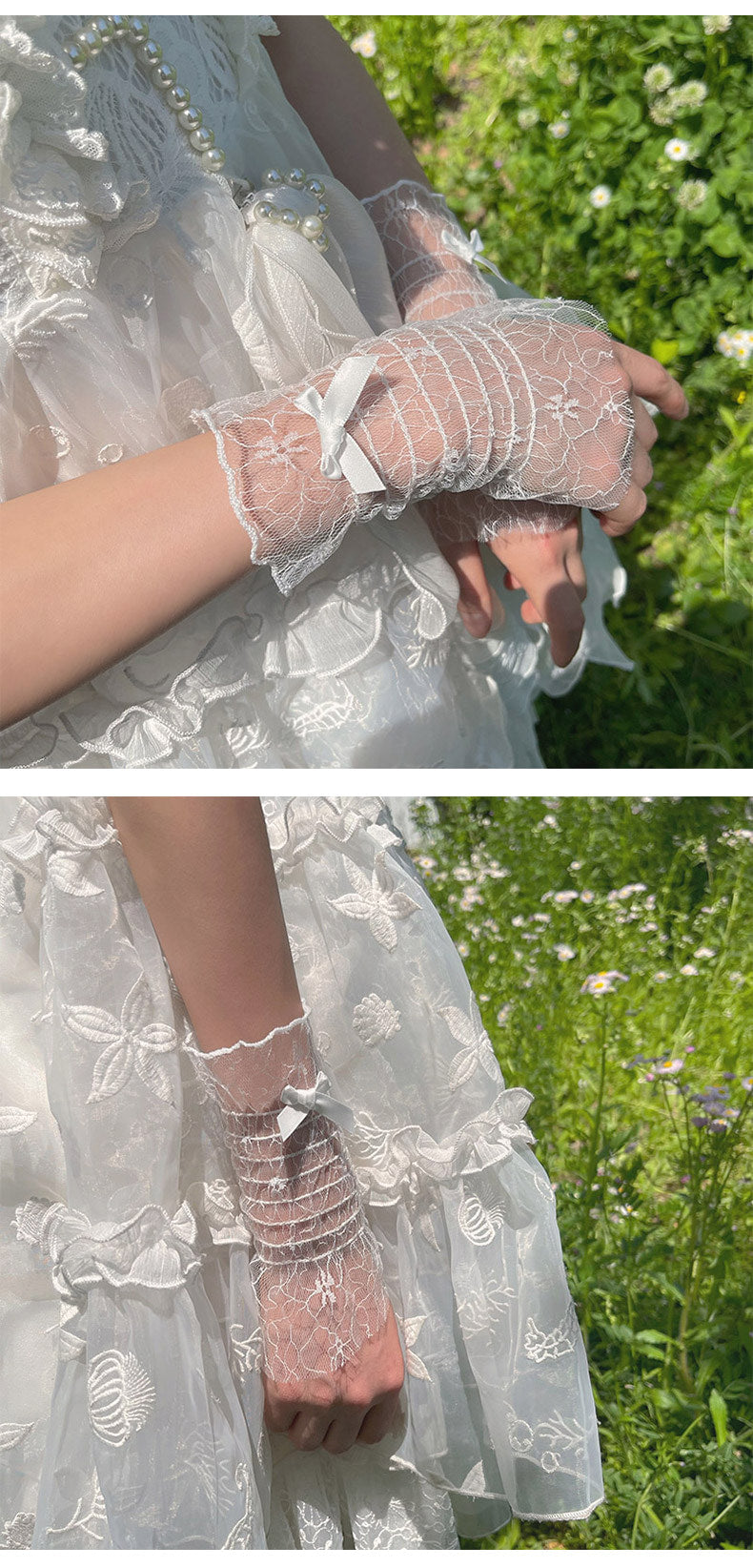 Sock Noble - Bow-accented sheer lace fingerless - Lolita Arm Sleeves