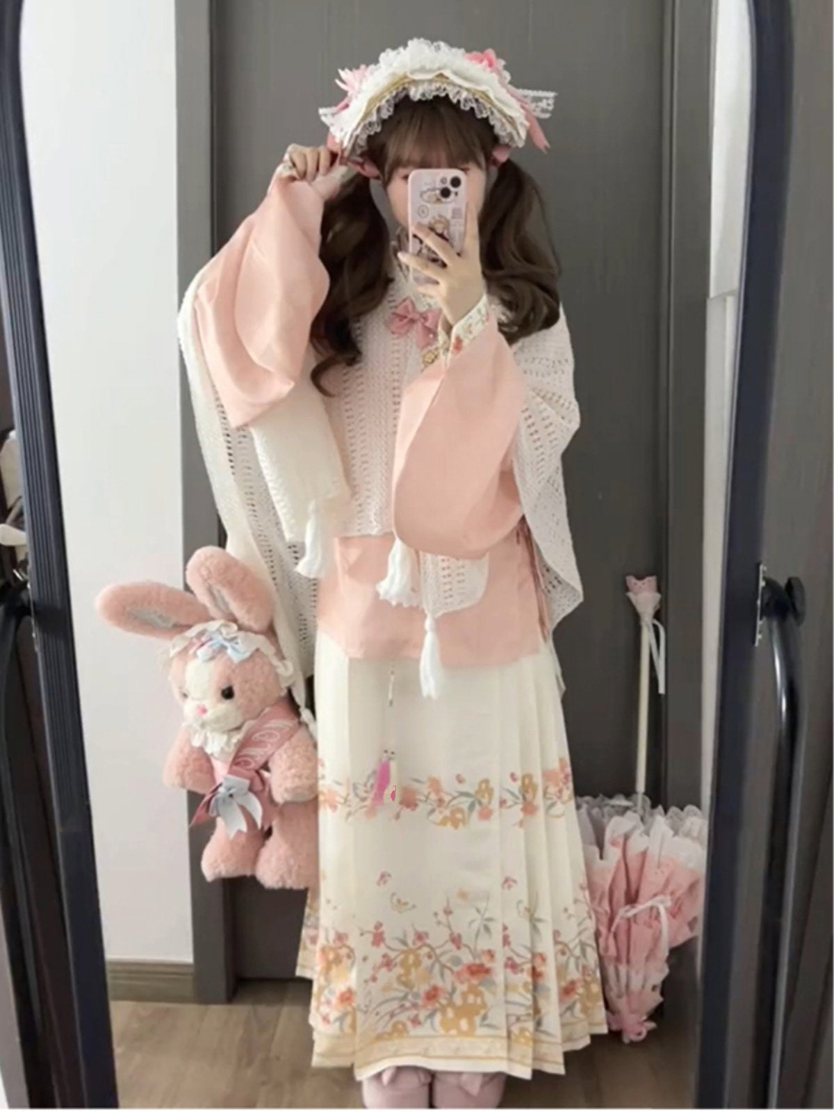 Ming-style hanfu inspired lolita set with optional coordinating shawl, hair ribbon, and apron variants