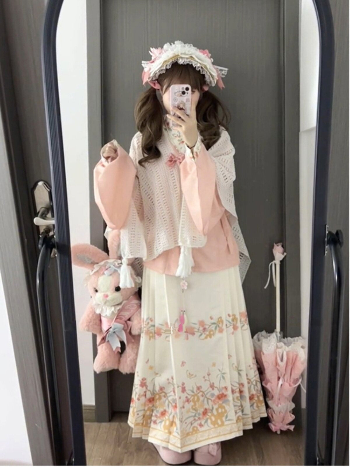 Romantic East-West eclectic lolita outfit in soft pastel palette