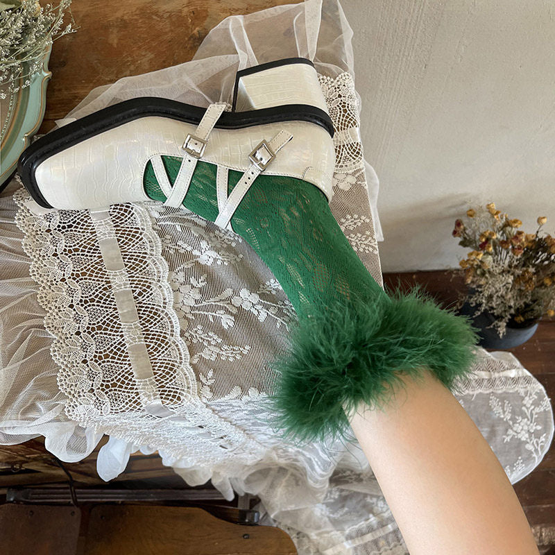Green Y2K lolita lace mid-calf sock with feather trim