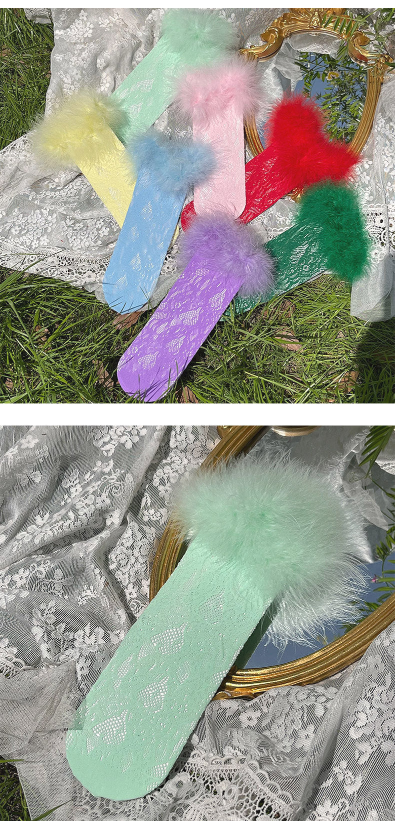 Sock Noble - Y2K Feather Lace Socks - Stacked mid-calf lolita