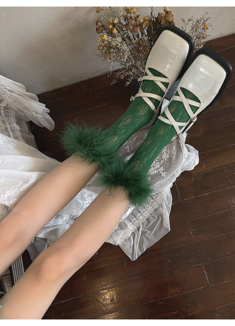 Sock Noble - Y2K Feather Lace Socks - Stacked mid-calf lolita