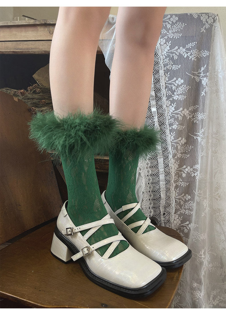 Sock Noble - Y2K Feather Lace Socks - Stacked mid-calf lolita