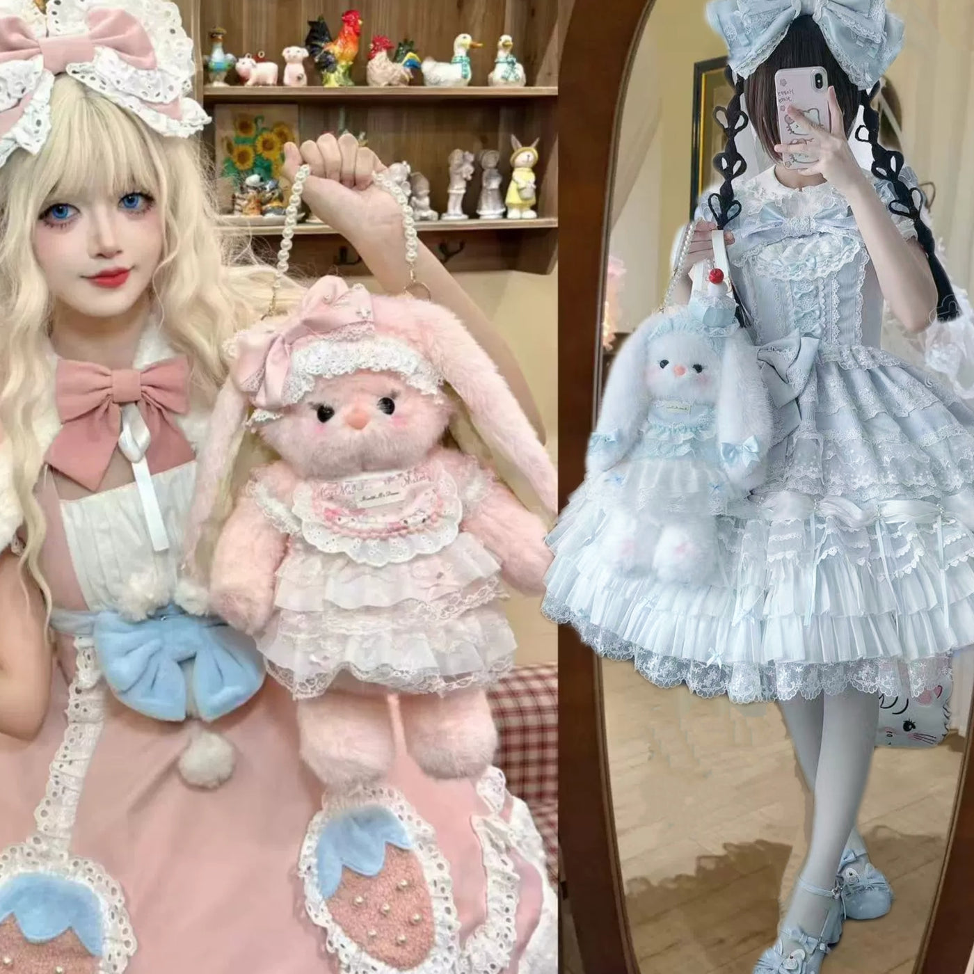 Pink plush bunny Lolita bag with bow accent and convertible shoulder strap