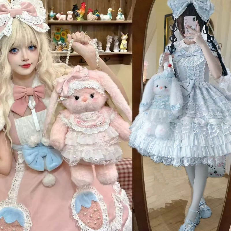 Pink plush bunny Lolita bag with bow accent and convertible shoulder strap