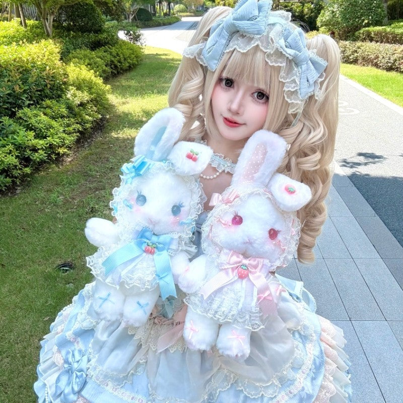 Lolita plush rabbit convertible bag in anime-style blue, hand carry and crossbody configuration
