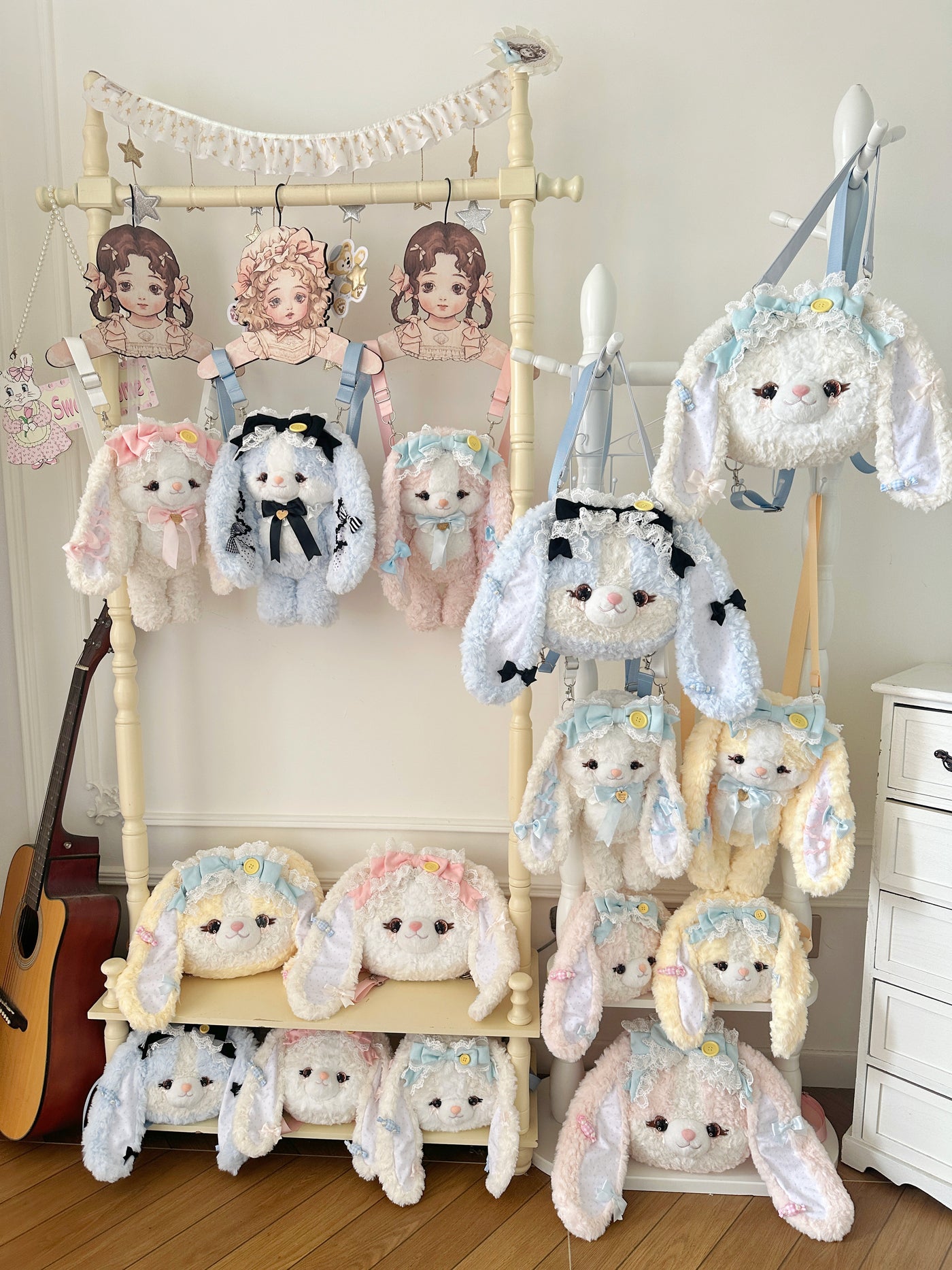 Pink large face plush bunny Lolita bag with embroidered facial features and shoulder strap