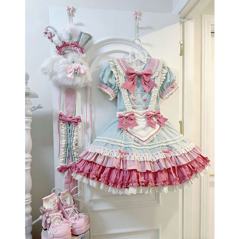White Sugar Girl pastel sweet lolita bunny dress with ruffled tiered skirt and apron