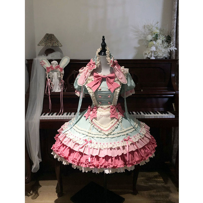 White Sugar Girl - Sweet Lolita Bunny Dress - Pastel mint and pink