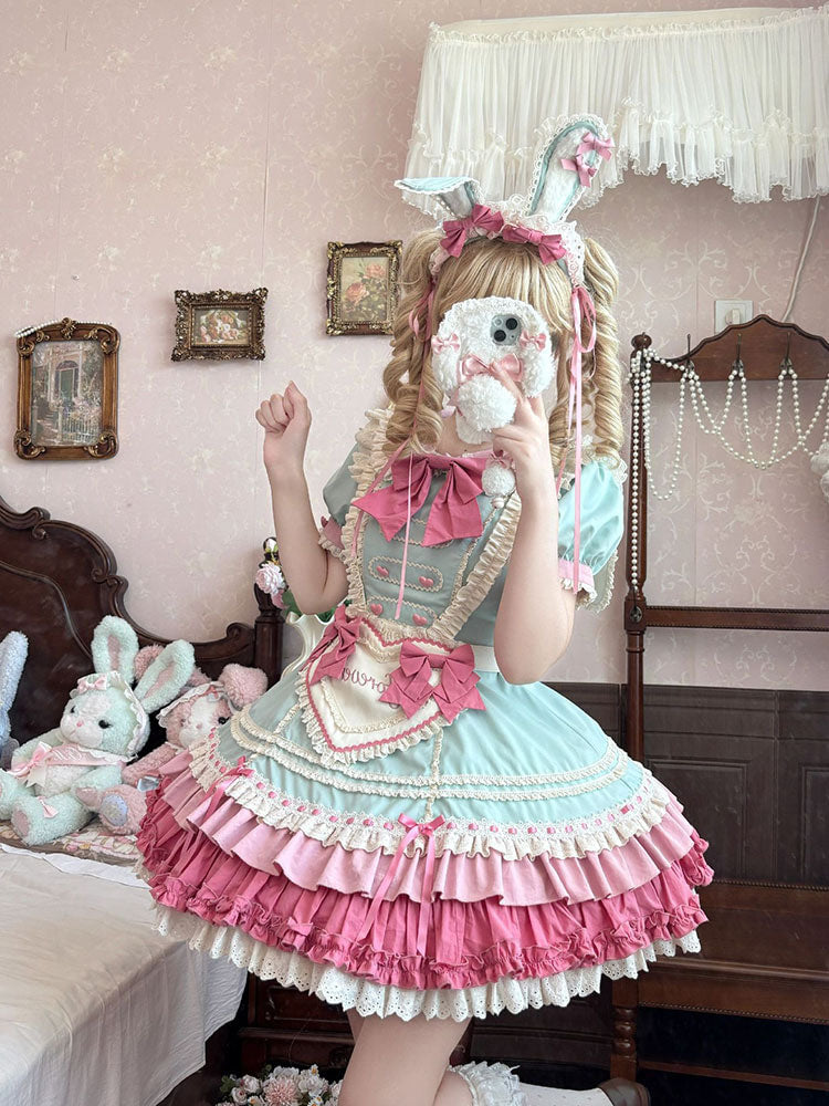 White Sugar Girl - Sweet Lolita Bunny Dress - Pastel mint and pink