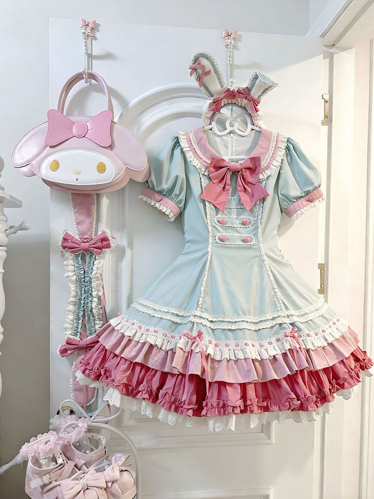 White Sugar Girl - Sweet Lolita Bunny Dress - Pastel mint and pink