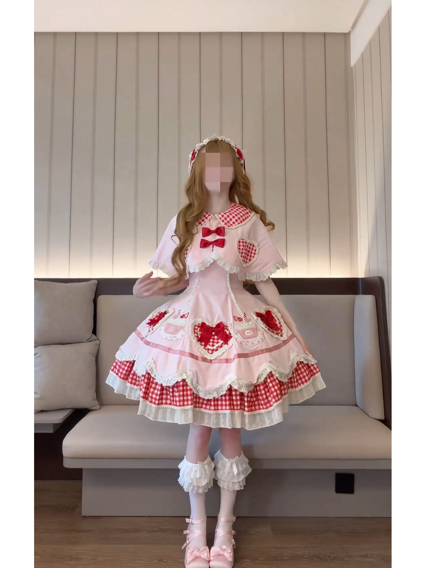 Pink Sweet Lolita dress with tiered cake skirt and grid overlay