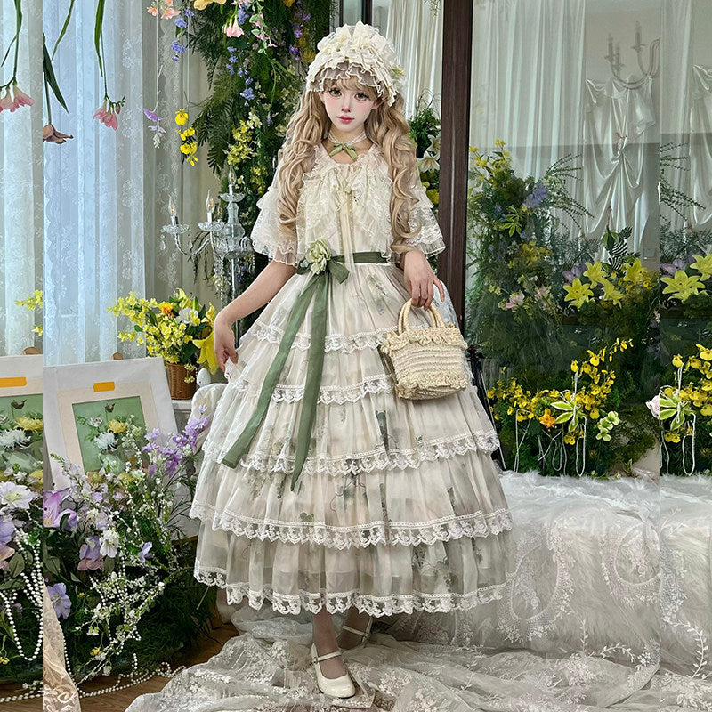 Green classical lolita JSK with floral print and lace trim