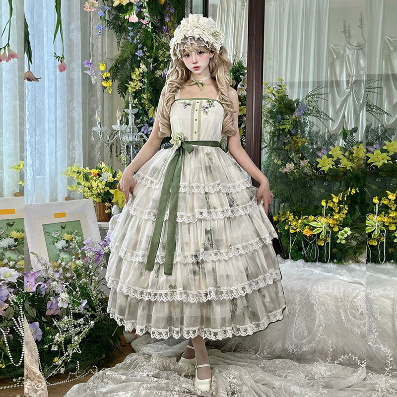 Sugared Peach Mist - Printed Lace Tiered - Classical Lolita JSK