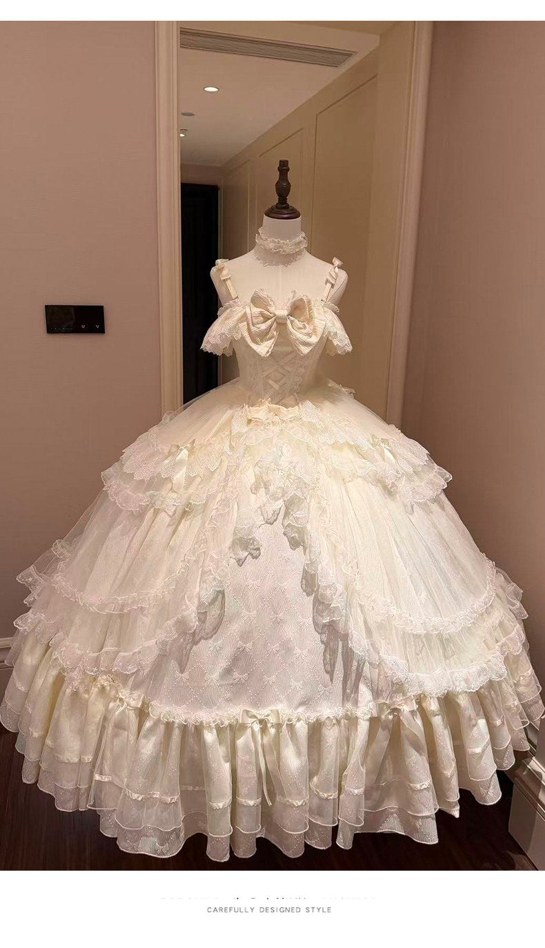 Apricot Emoji Dream formal Lolita off-shoulder tiered gown, front view