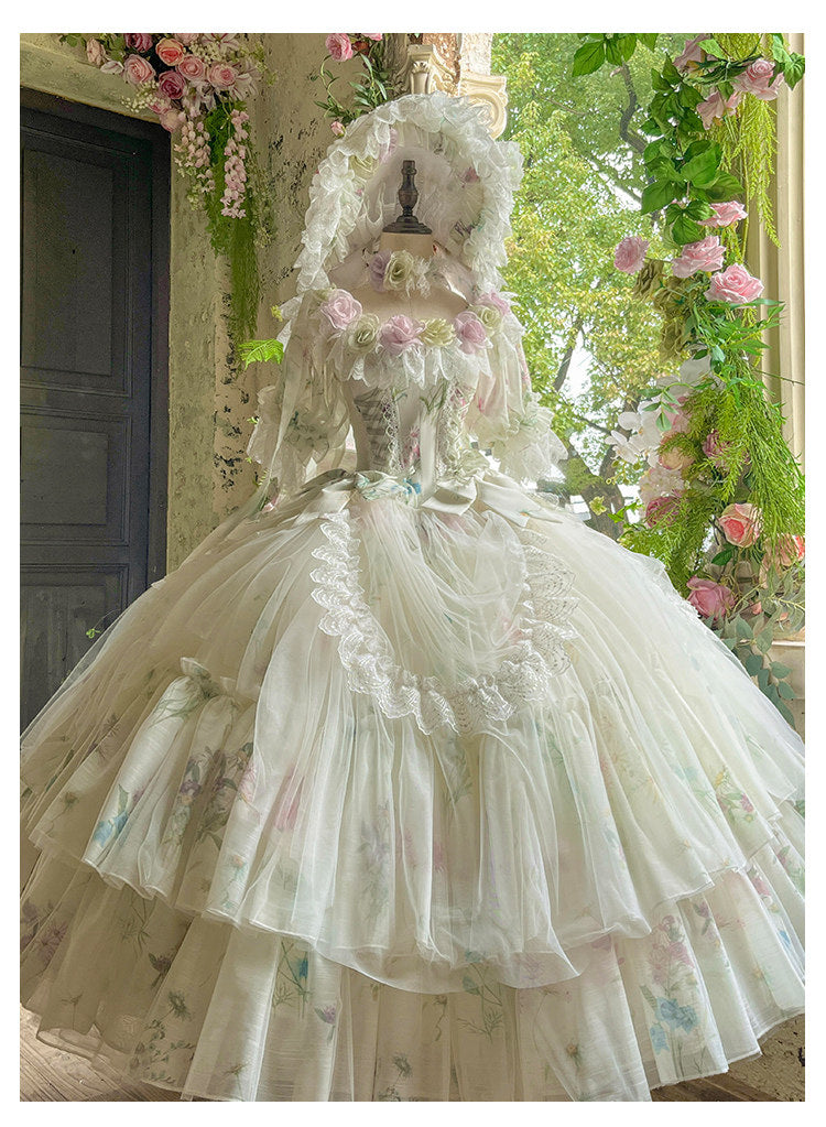 Flora Muse Spring Rose Bridal Lolita Gown in ivory with pastel floral print and tiered skirt