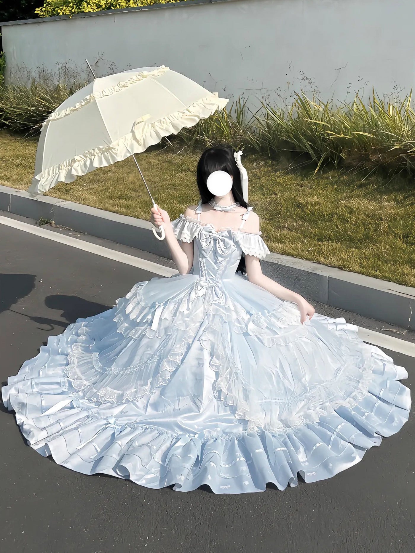 Pale blue Sweet Lolita formal gown with off-shoulder neckline, tiered ruffled skirt, and optional collar with butterfly train
