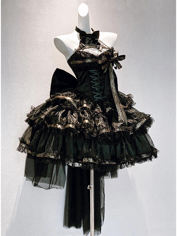 Back view of black Lolita dress with extended train and sheer fabric panels