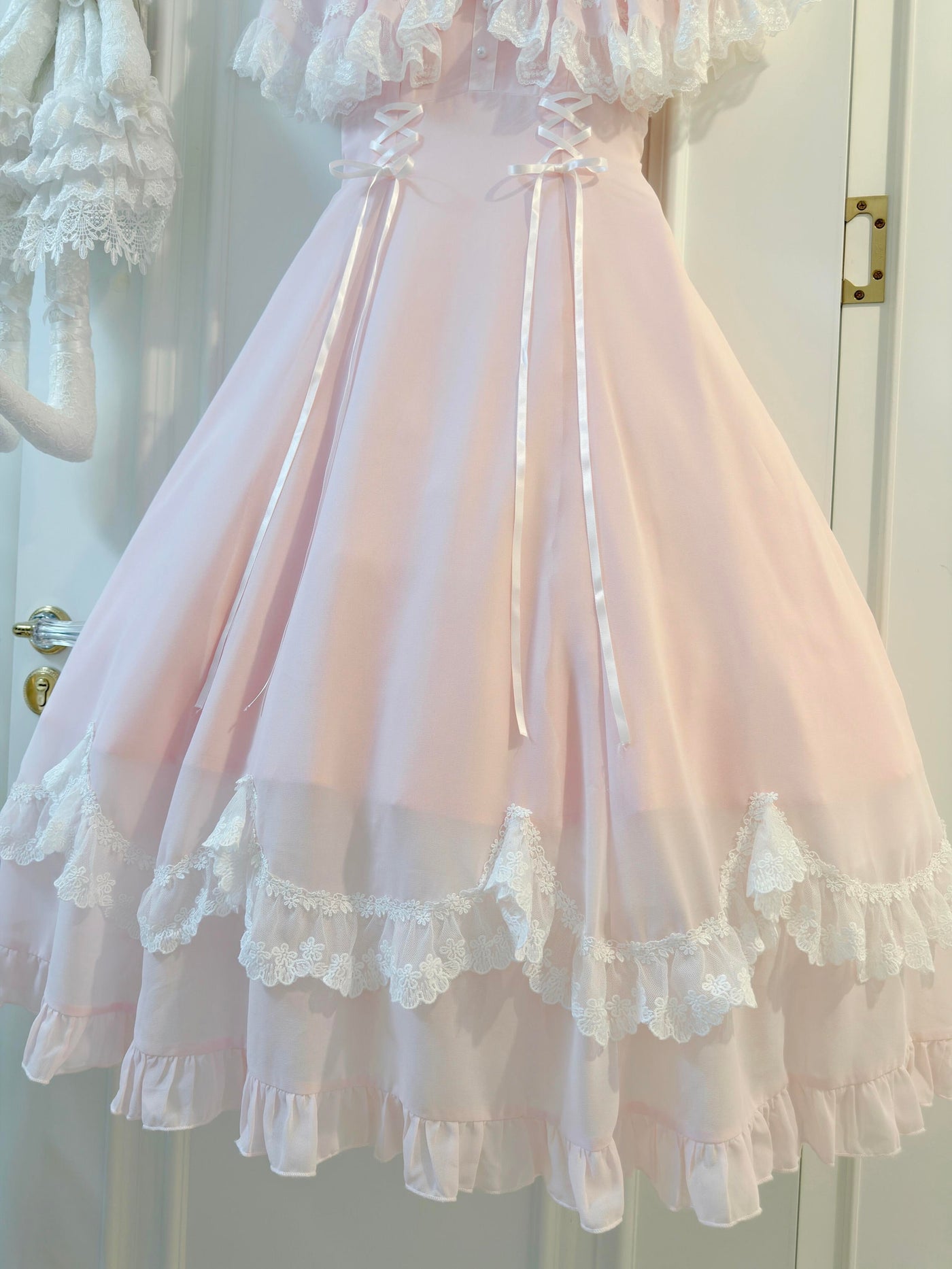 Creamy - Pink Lace Capelet Lolita Dress - Elegant pale pink chiffon