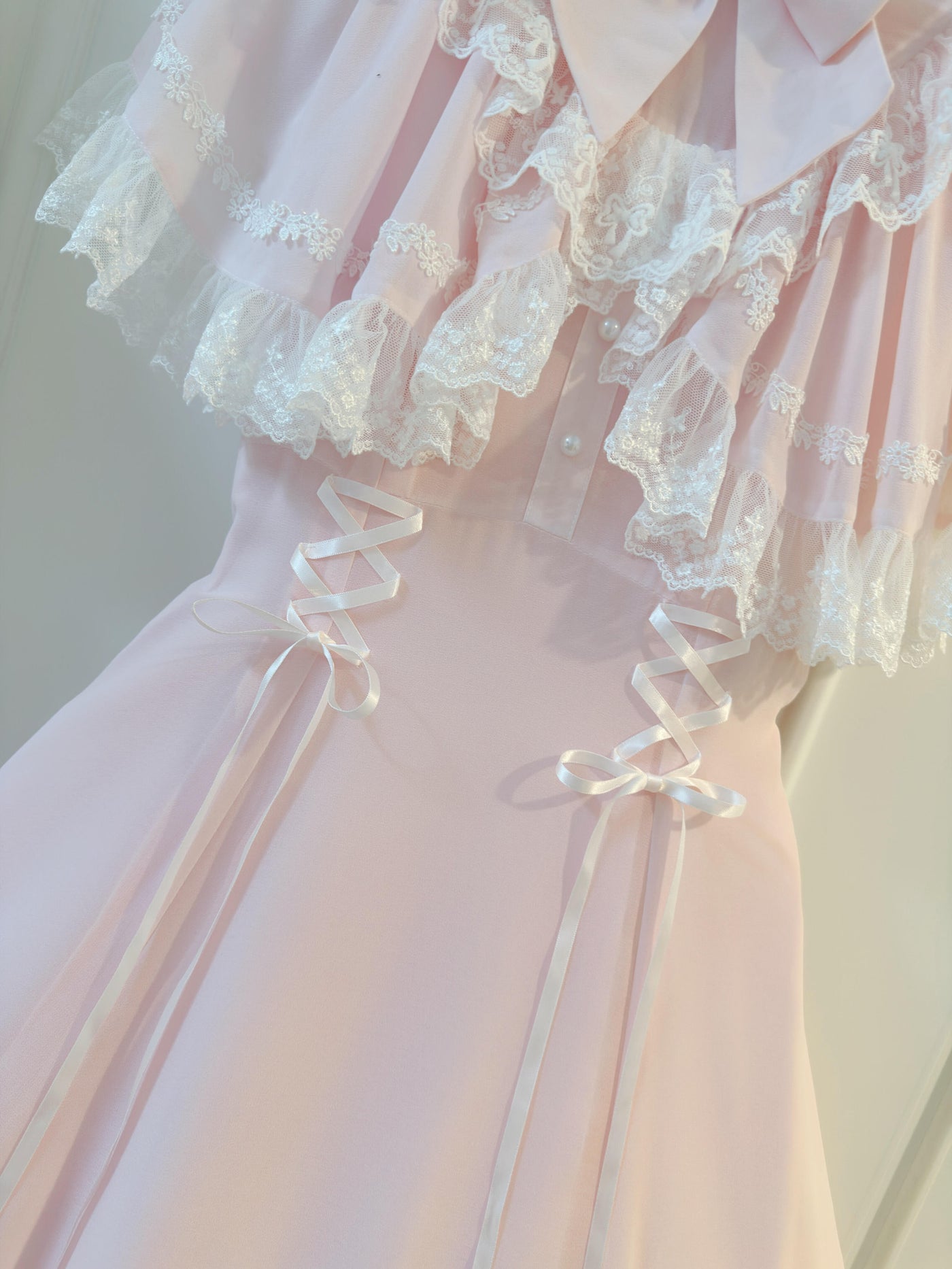 Creamy - Pink Lace Capelet Lolita Dress - Elegant pale pink chiffon